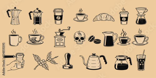 A collection of hand-drawn coffee illustrations, including coffee cups, mugs, brewing equipment, beans, and creative coffee art. 