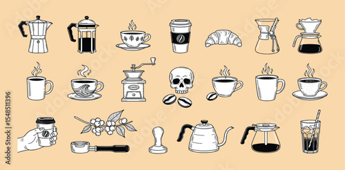 A collection of hand-drawn coffee illustrations, including coffee cups, mugs, brewing equipment, beans, and creative coffee art. 