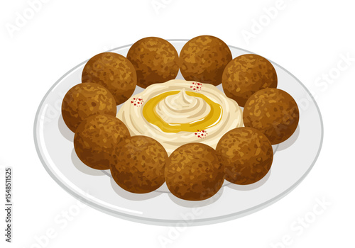 A plate presents falafel surrounding a swirl of tahini dashed with paprika