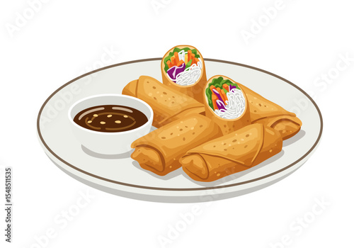 A plate with several goldenbrown spring rolls and a dipping sauce set on a white surface