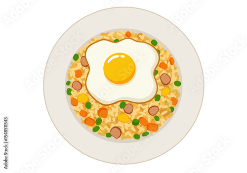 A plate with fried rice topped with a fried egg