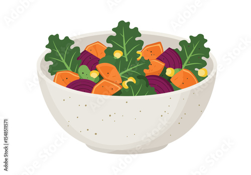 A salad bowl filled with leafy greens orange root vegetables and red beets against a plain white background