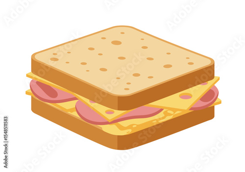 A square sandwich of bread cheese and ham in a flat isometric style