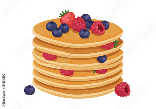 A stack of pancakes topped with blueberries raspberries and a strawberry