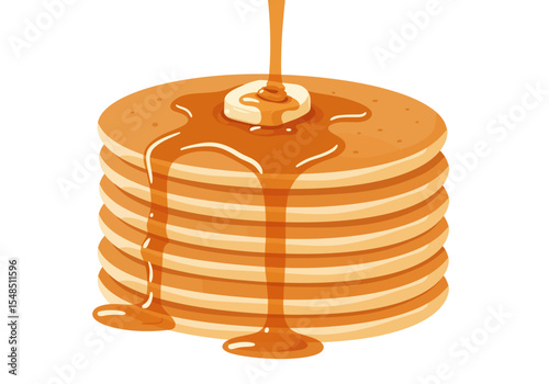 A stack of pancakes topped with maple syrup and a slice of banana