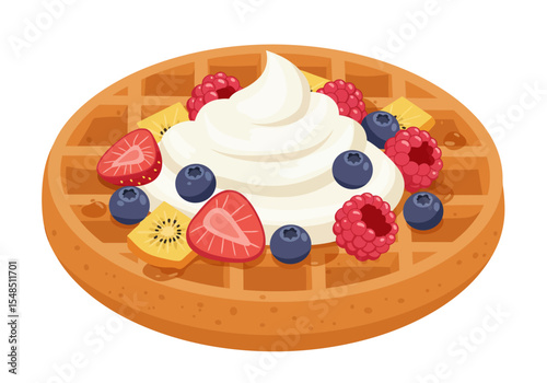 A waffle topped with whipped cream raspberries blueberries strawberries and kiwi slices