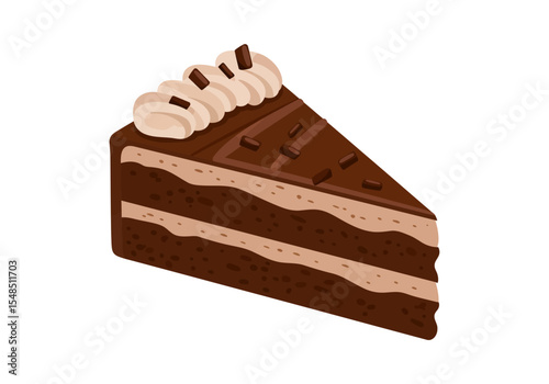 A wedge of chocolate layer cake with creamy frosting and chocolate shavings