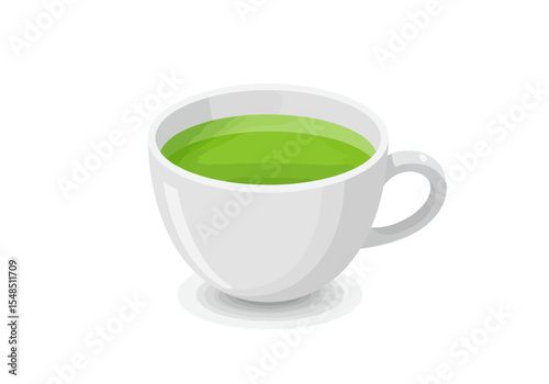 A white ceramic cup filled with green liquid resting on a white background