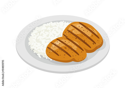 A white plate holds rice and two grilled patties with dark grill marks