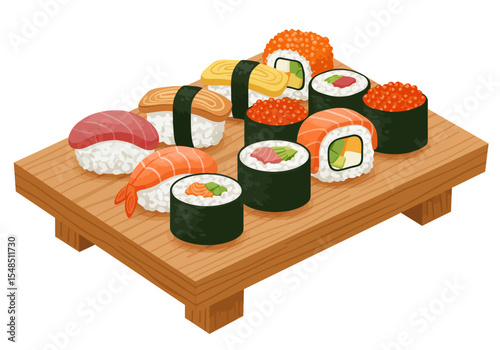 A wooden platter piled with an assortment of sushi and rolls
