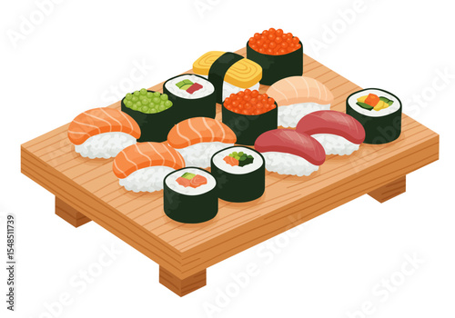A wooden platter presents an array of sushi varieties including nigiri and maki