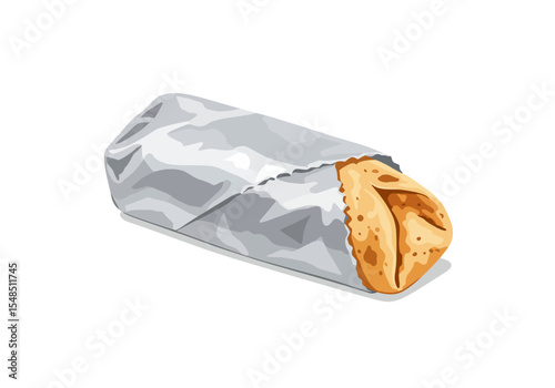 A wrapped burrito with torn foil edges reveals an orange filling