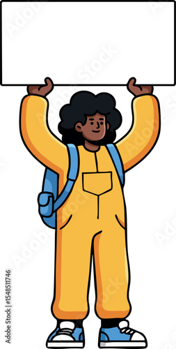 Black woman holding blank sign with backpack in yellow outfit vector illustration