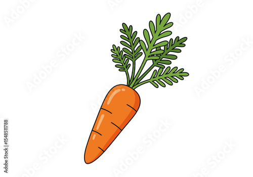 An orange carrot with green leafy top depicted in a cartoonish style