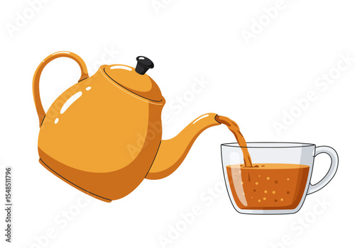 An orange teapot pouring liquid into a clear mug with a handle