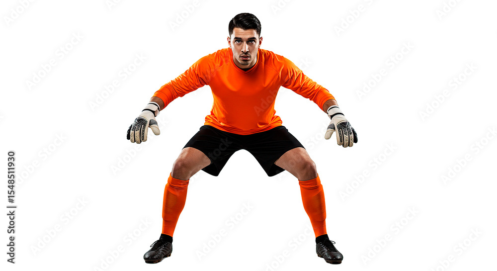 Obraz premium A goalkeeper in orange jersey and black shorts ready to defend the goal in a sports match game play