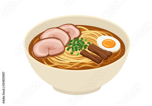 Bowl of ramen with pork egg green onions and menma sticks