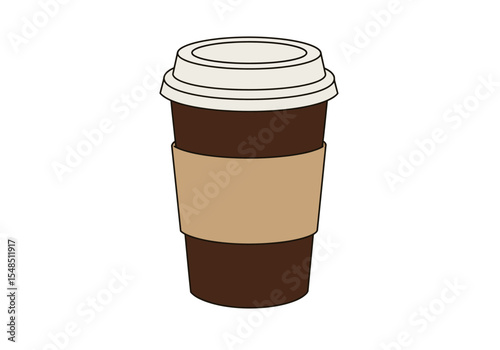 Brown coffee cup with white lid and tan heat sleeve on a white background