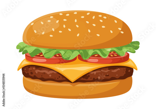 Cartoon burger features a seeded bun lettuce tomatoes cheese and a brown patty
