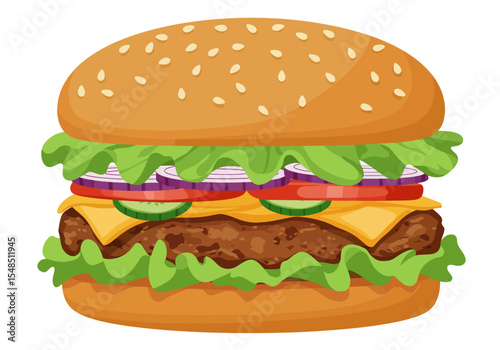 Cartoon burger with lettuce cheese patty tomato onion  cucumber on a sesame seed bun