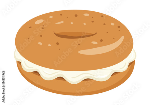 Cartoon bagel with cream cheese circular tan bagel white cream cheese small brown spots