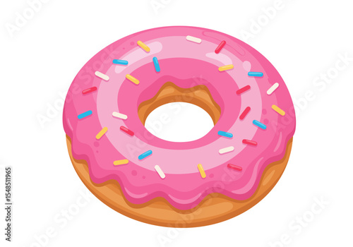 Cartoon donut with pink icing  colorful sprinkles isolated on white