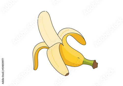 Cartoon banana peel partially removed exposing fruit with green stem
