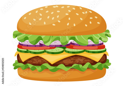 Detailed depiction of a burger showcasing ingredients bun and overall composition