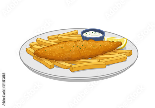 Fish and chips on a plate with a small bowl of sauce and a lemon wedge