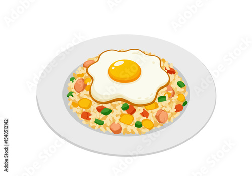 Fried rice topped with a sunnyside up egg on a white plate