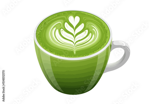Green mug with latte art showcasing a stylized leaf design filled with vibrant green liquid