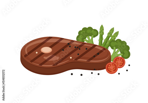 Grilled steak accompanied by broccoli asparagus and tomato slices