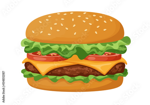 Hamburger with lettuce tomato cheese and beef patty on a sesame seed bun