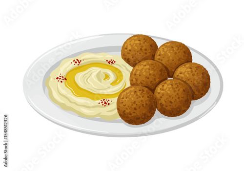 Plate of falafel and hummus beige spread with yellow oil and red spice six brown falafel balls on white plate