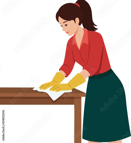 Woman cleaning table with yellow gloves in red blouse and green skirt vector illustration