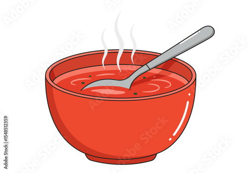 Red bowl of soup with a spoon Steam rises from the hot liquid