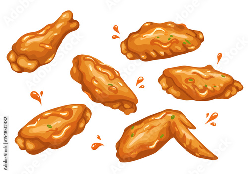 Six glazed chicken wings are scattered with drops on a white background