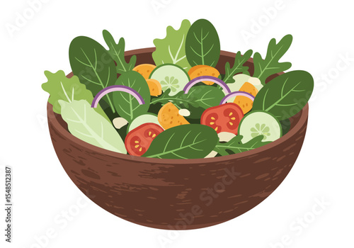 Salad in a brown wooden bowl with various vegetables and greens