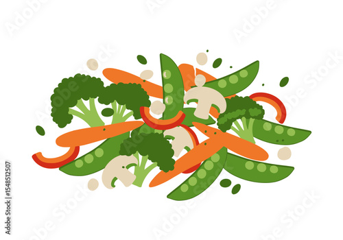 Vegetable stirfry with broccoli carrots peas mushrooms and red pepper