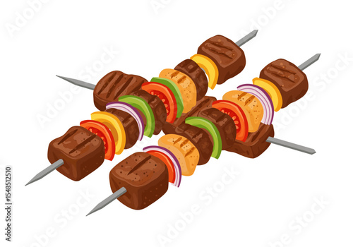 Two skewers filled with grilled meat and veggies tomatoes onions and bell peppers