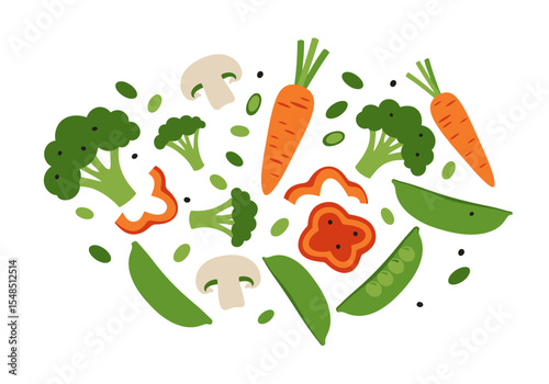 Veggies scattered on a white backdrop broccoli carrots mushrooms peppers and peas