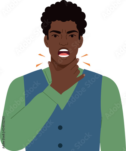 Man holding throat with pain or choking gesture vector illustration in green and blue clothing
