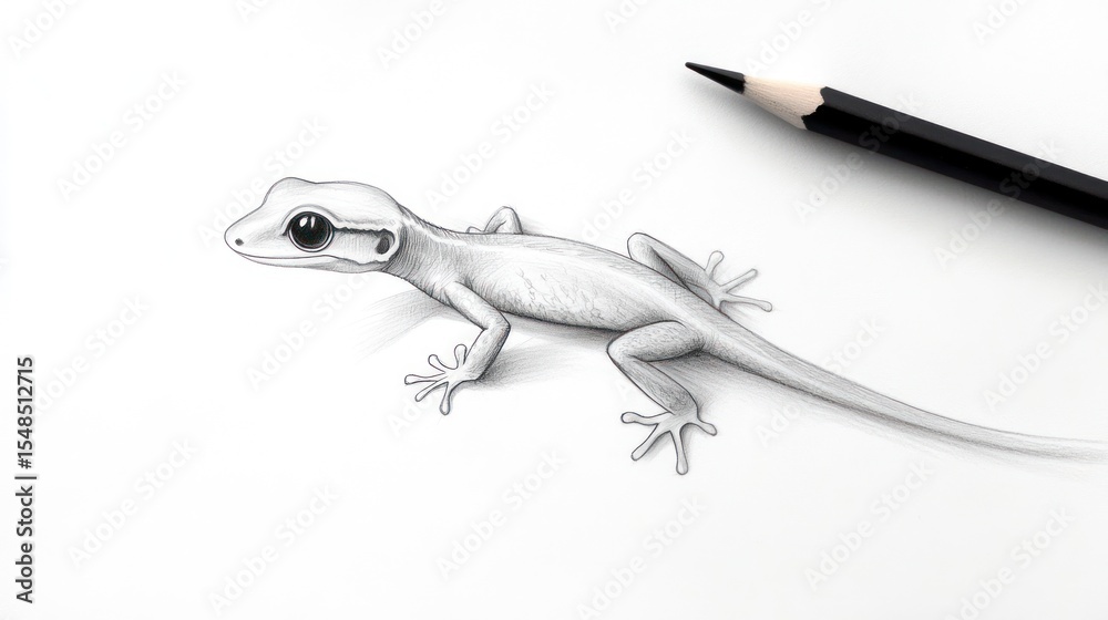 Naklejka premium A detailed grayscale pencil sketch of a gecko, positioned slightly off-center, with a pencil lying horizontally near the right edge, suggesting a work in progress