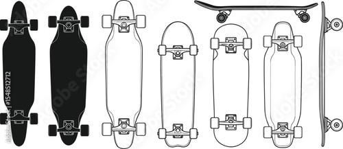 Black and white vector set of six skateboards and longboards in silhouette and outline. Various shapes and views.