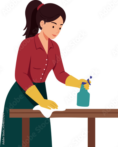 Woman cleaning wooden table with spray bottle and cloth in home environment vector illustration