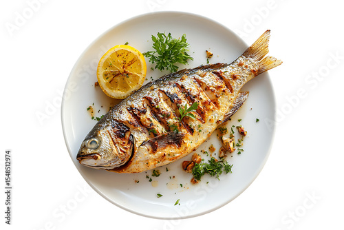 Grilled fish on a plate isolated on a transparent background