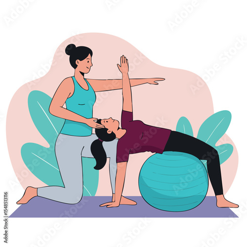 Personal trainer guiding woman exercising on fitness ball in home workout session
