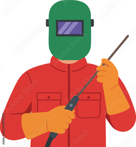 Welder in Protective Green Helmet and Red Coat Holding Welding Rod Vector Illustration