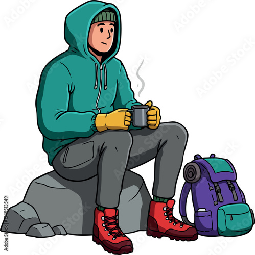 Person in teal hoodie and red boots sitting on rock drinking hot beverage with purple backpack vector illustration