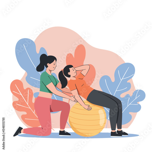 Fitness trainer assisting woman exercising with yellow stability ball in colorful environment vector illustration